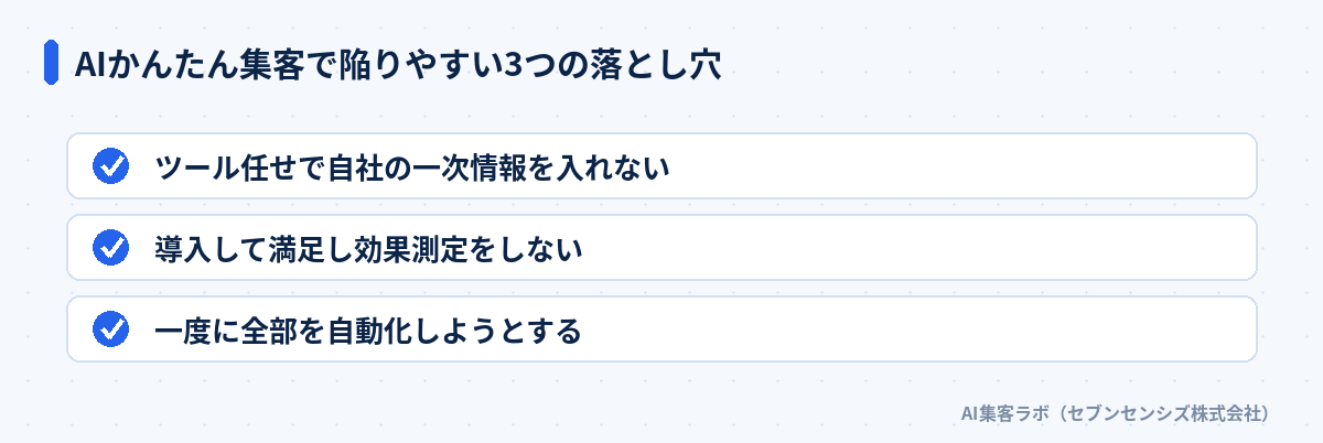 AIかんたん集客で陥りやすい3つの落とし穴: ツール任せで自社の一次情報を入れない、導入して満足し効果測定をしない、一度に全部を自動化しようとする