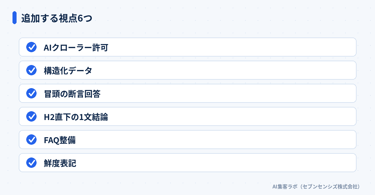 AIO SEO監査で追加する視点6つ: AIクローラー許可・構造化データ・冒頭の断言回答・H2直下の1文結論・FAQ整備・鮮度表記