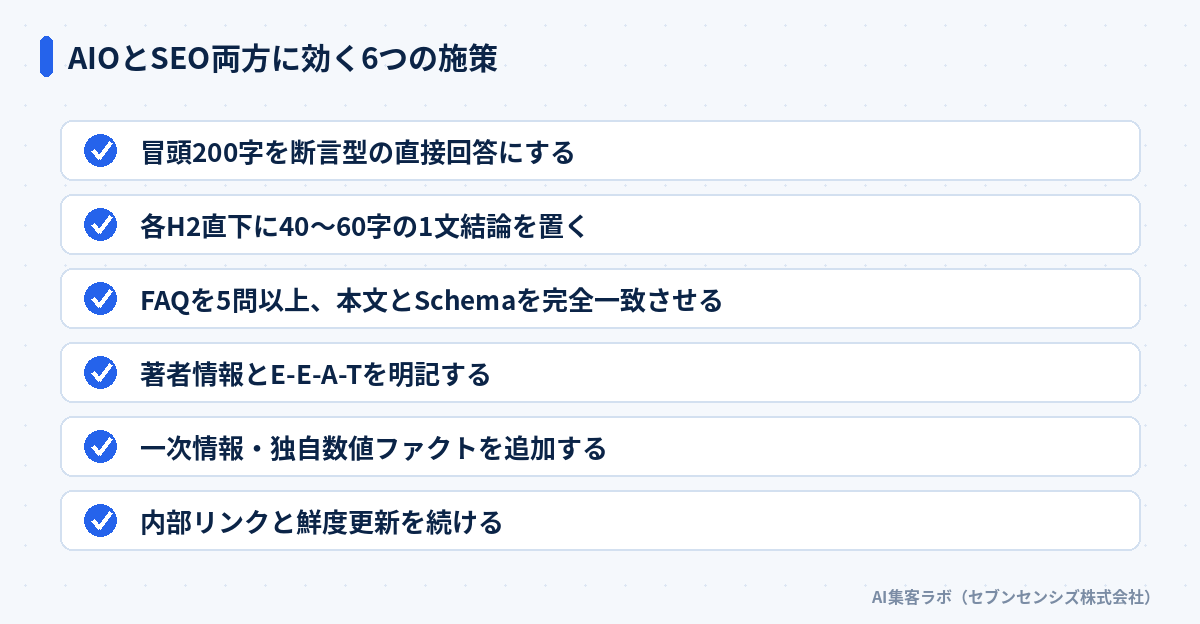 AIOとSEO両方に効く6つの施策を示した図