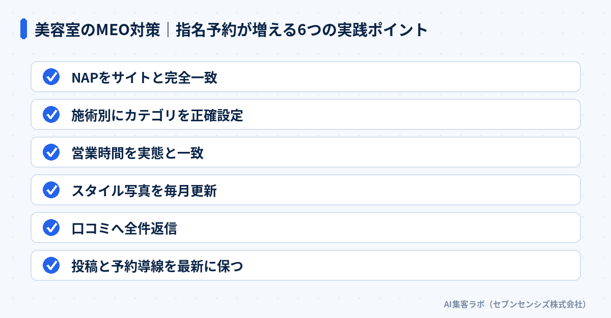美容室のMEO対策 指名予約が増える6つの実践ポイント: NAPをサイトと完全一致、施術別にカテゴリを正確設定、営業時間を実態と一致、スタイル写真を毎月更新、口コミへ全件返信、投稿と予約導線を最新に保つ
