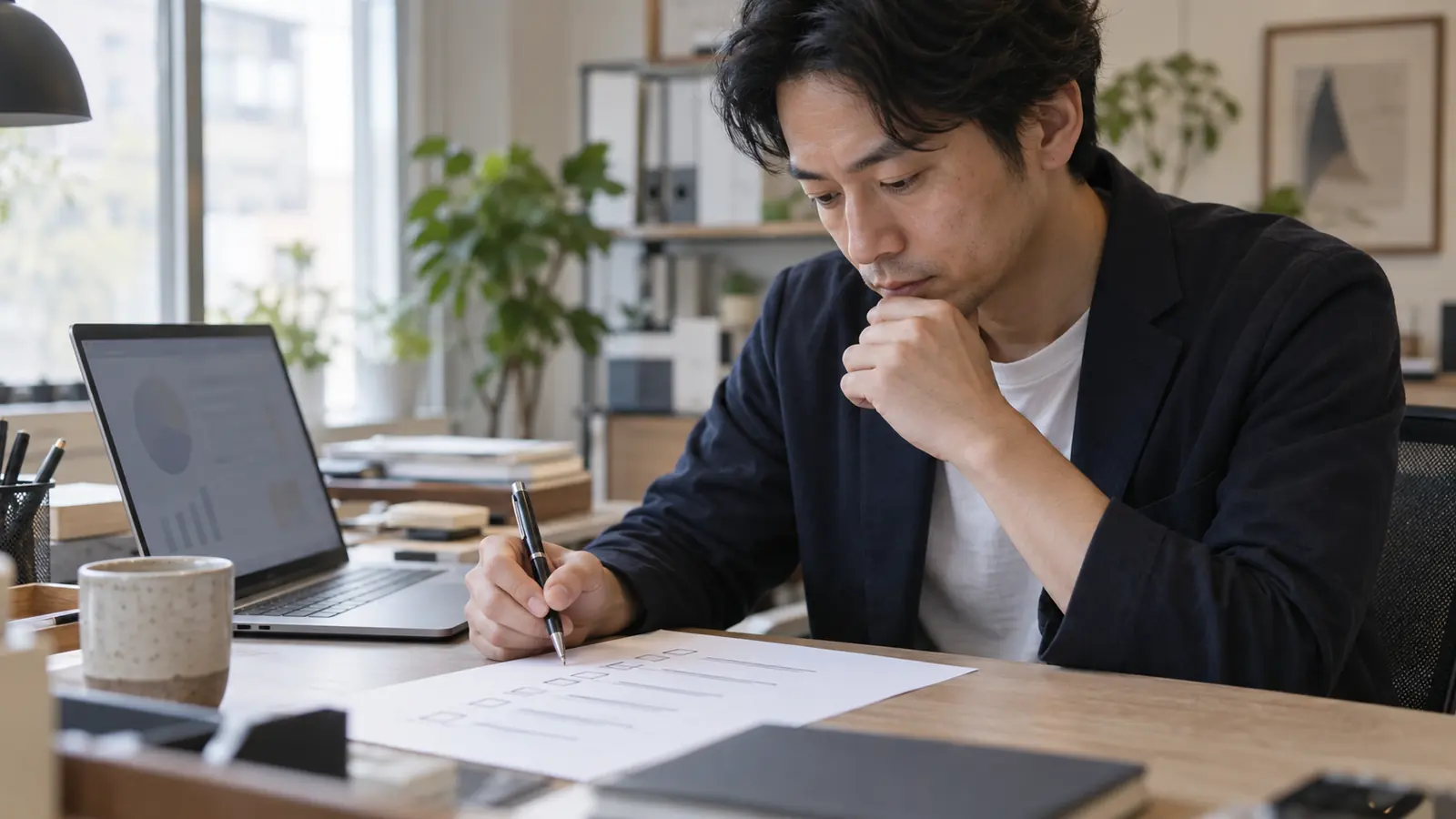 チェックリストに印をつけながら自社の状態を確かめる経営者のイメージ