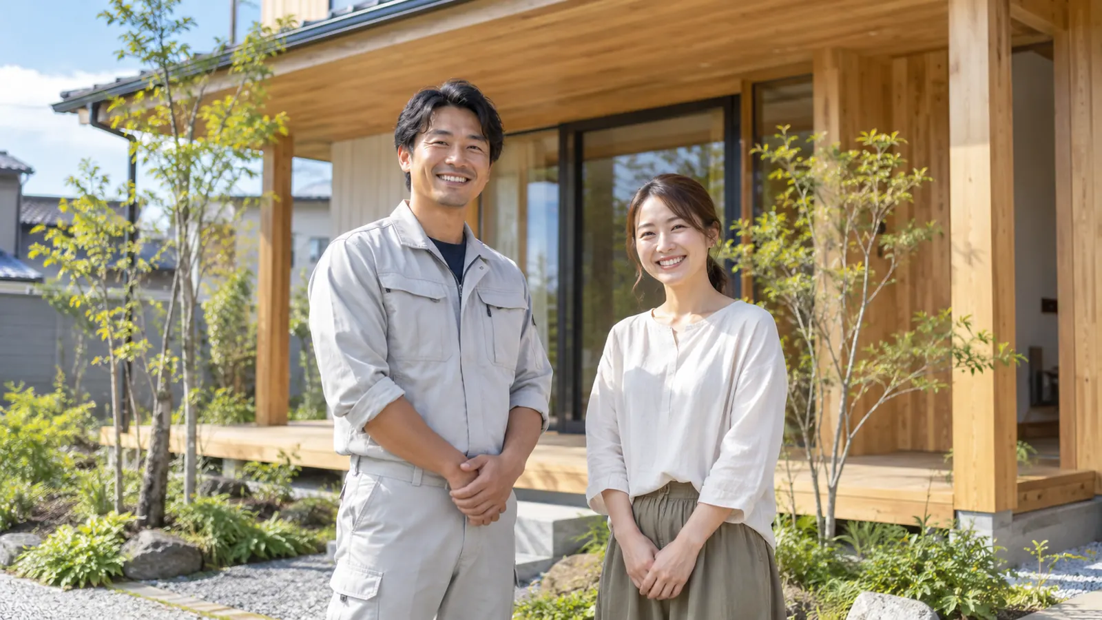 完成した木の家の前に立つ工務店の担当者と施主