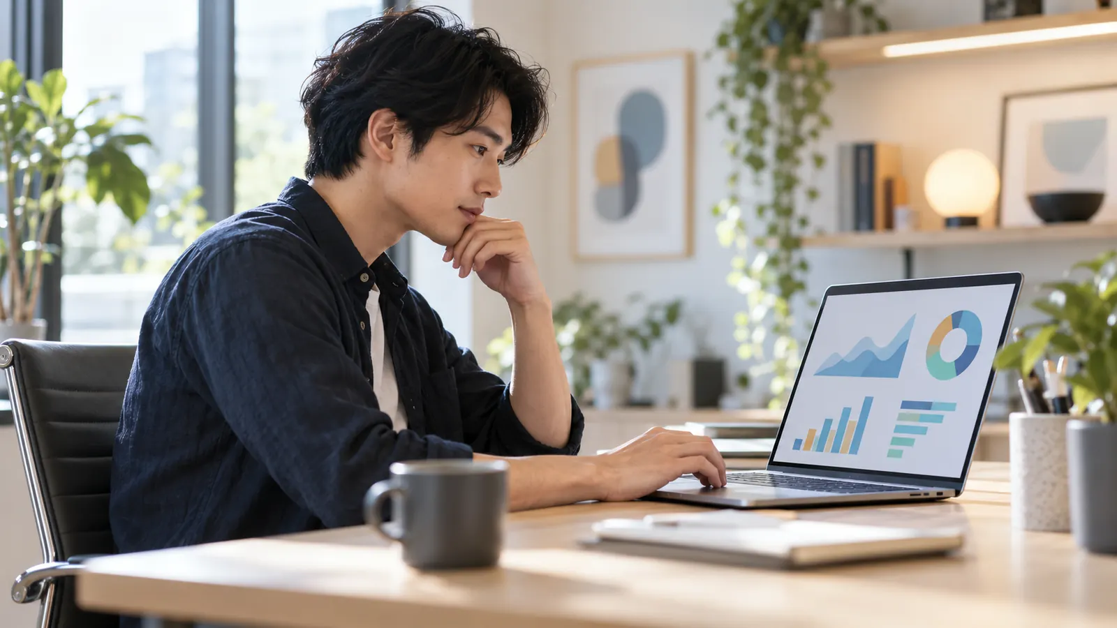 ノートパソコンでサイトの分析を確かめる経営者
