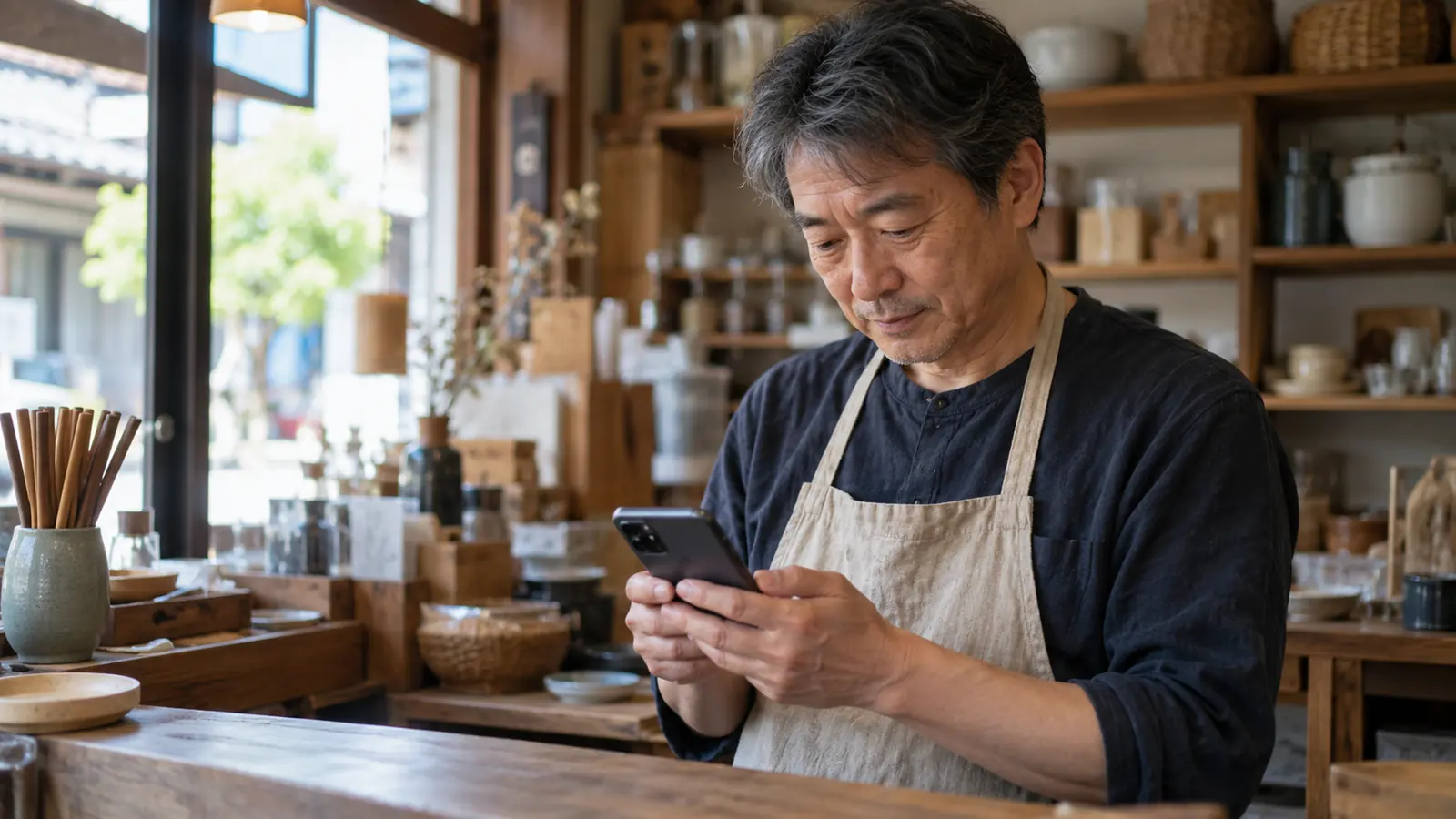 スマートフォンで口コミを読む店主のイメージ