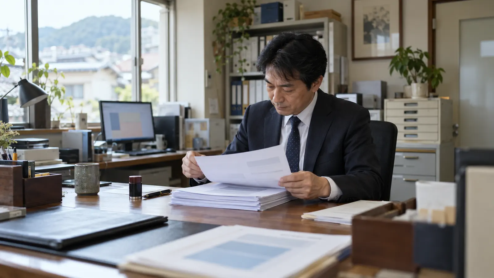 資料を見ながら次の手を決める経営者のイメージ
